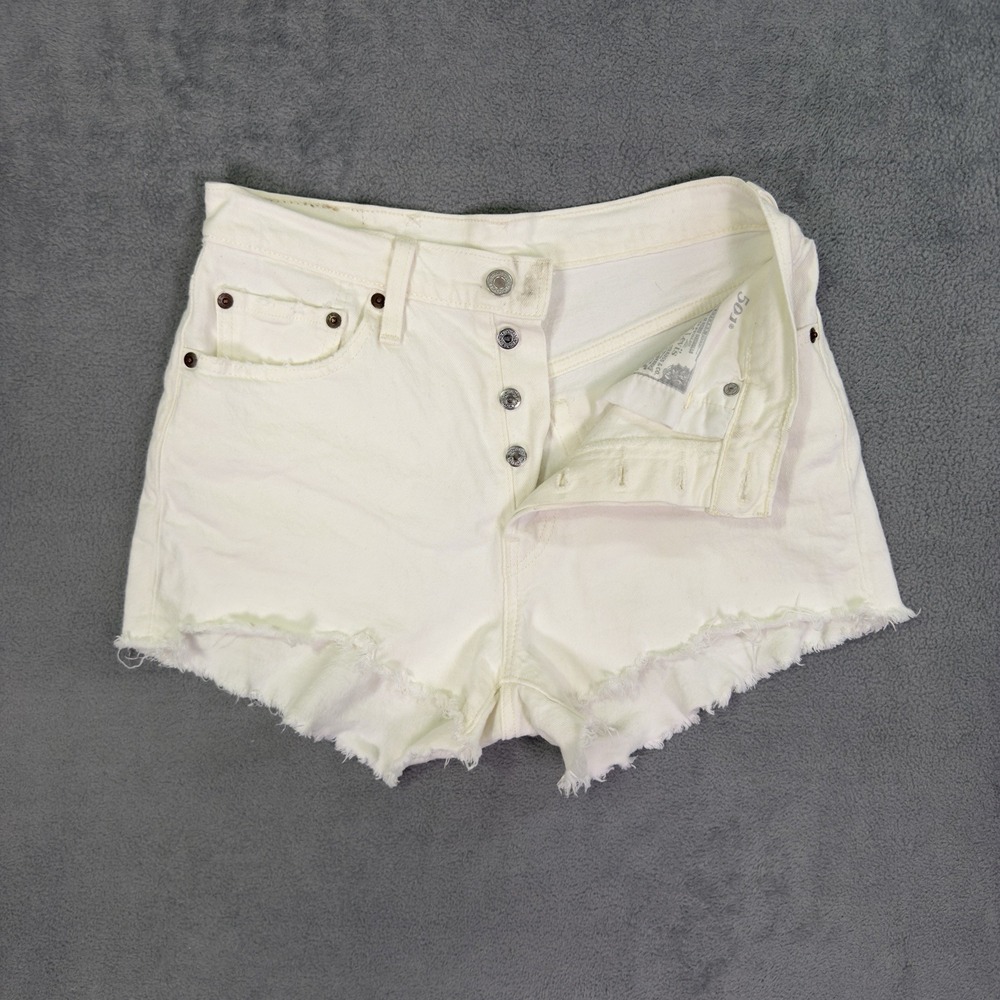 Levis 501XX Shorts Womens 27 White Denim Button Fly Distressed Frayed Hem